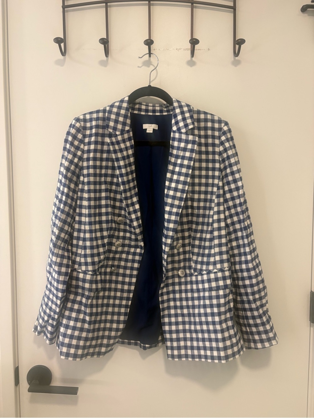 J. Jill Navy and White Gingham Double-Breasted Blazer - Picture 2 of 8